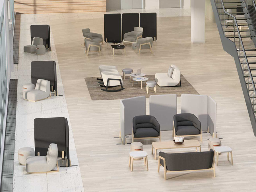 JSI Privacy Screens view from above many free-standing screens in open sitting area