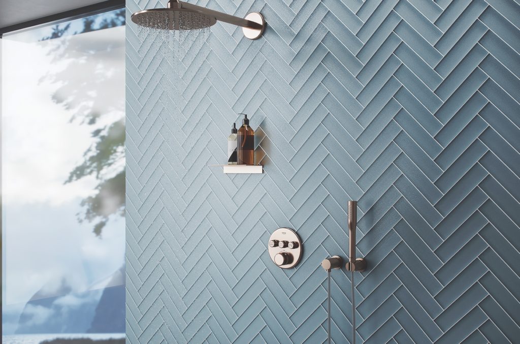 Island Stone Cascade Collection Stratos Herringbone in shower