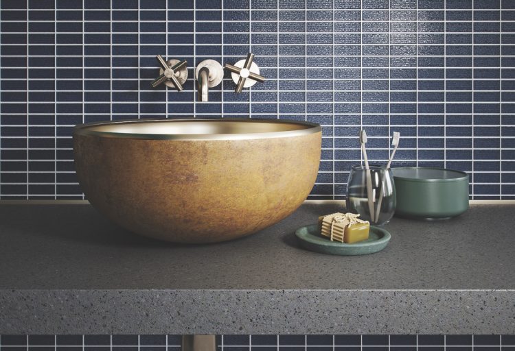 Island Stone Cascade Collection Midnight backsplash with raised basin