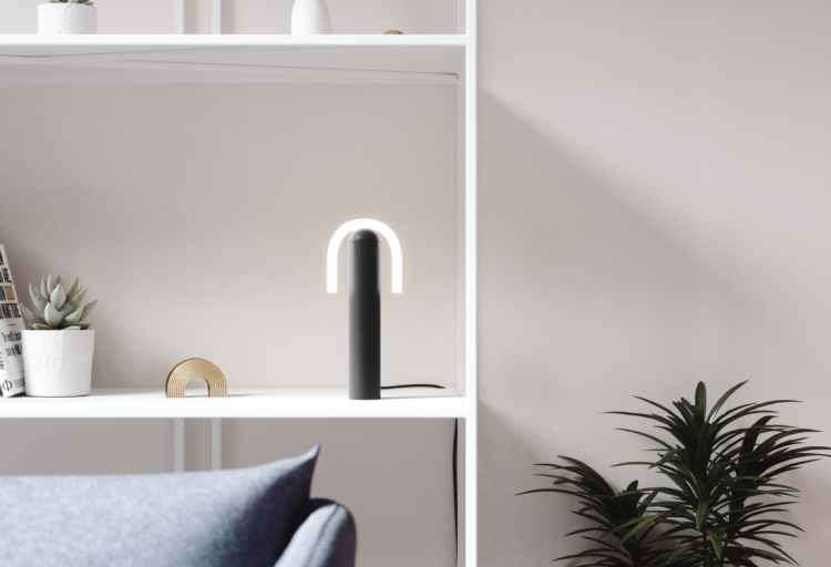BEEM SMILE table lamp upside down on shelf in living room