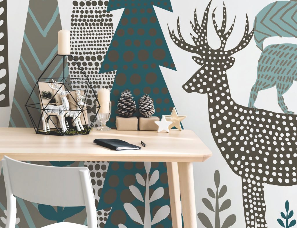 Wallsauce Christmas Wallpaper expressionistic deer and trees