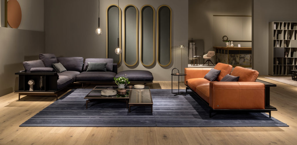 Rolf Benz Liv Sofa black gray and orange leather two sofas in living room