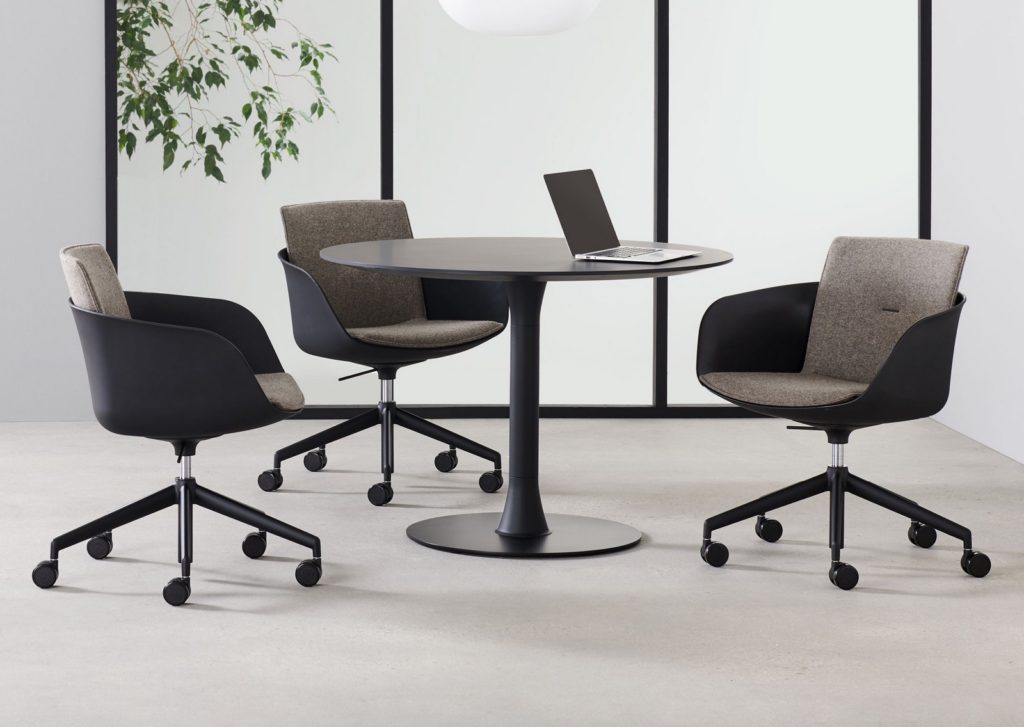 Davis Furniture's Lightwork Seating three chairs gray and black around table