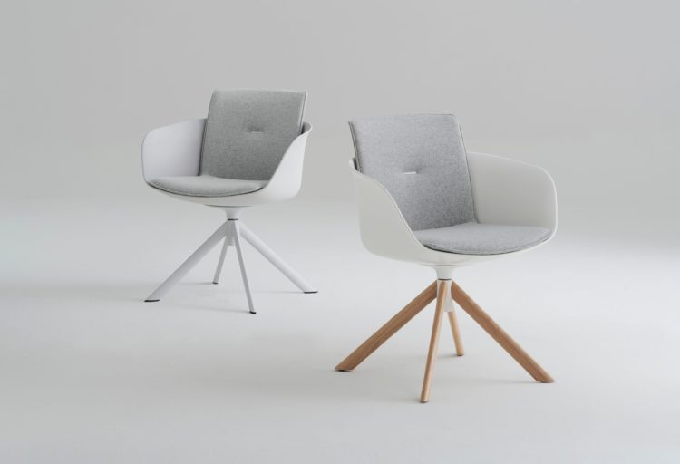 Davis Furniture's Lightwork Seating two chairs gray and white wooden dowel base one white one natural