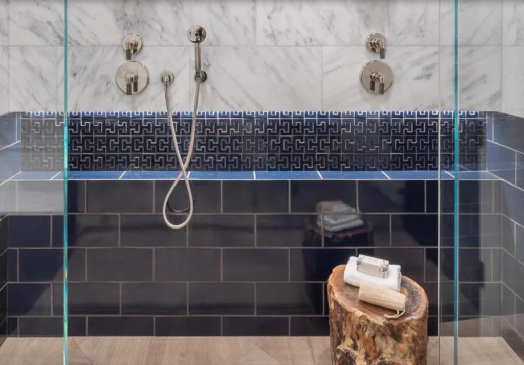 Noz Nozawa Fireclay Tile Navy Accent Tile in shower