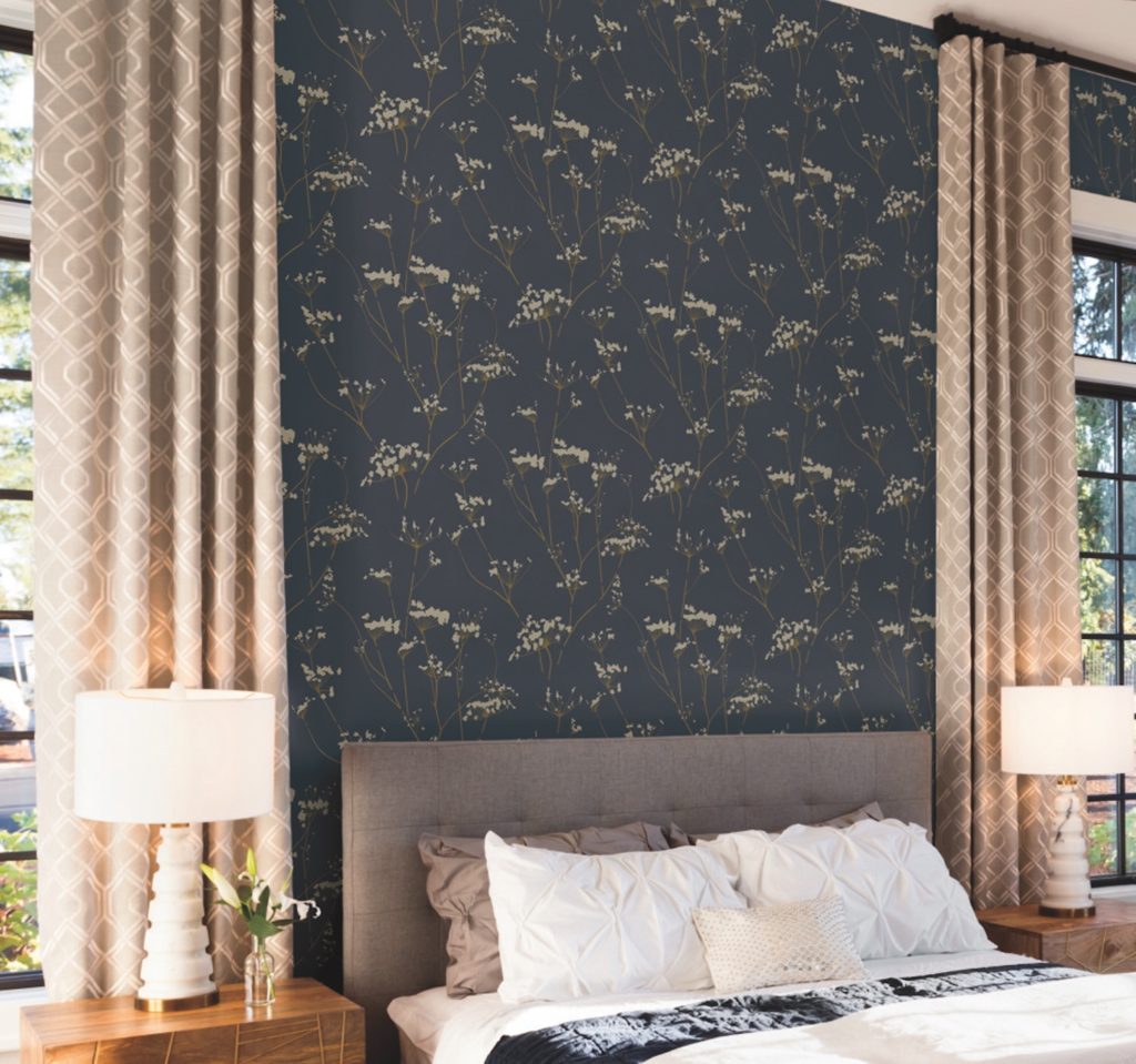 York Wallcovering's Prairie Rose Enchanted above bed