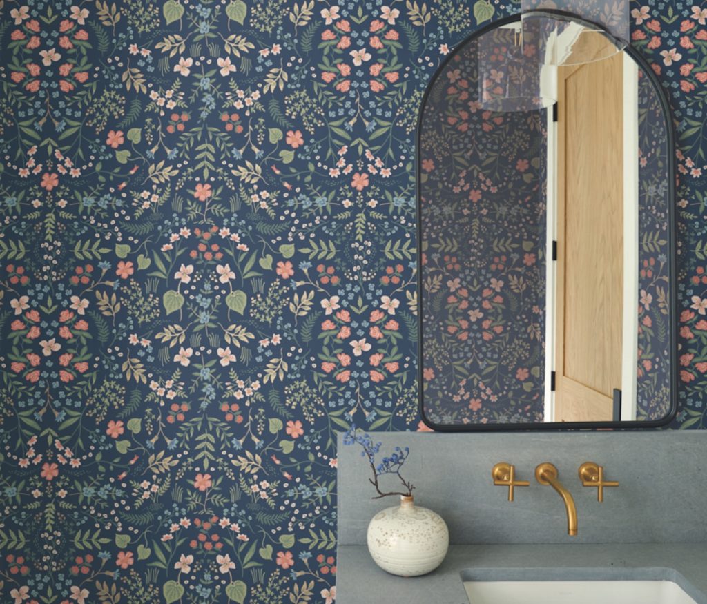 York Wallcovering's Prairie Rose Wildwood in bathroom
