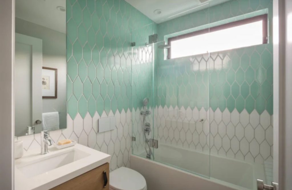 Noz Nozawa Fireclay Tile two-tone kid's bathroom teal and white