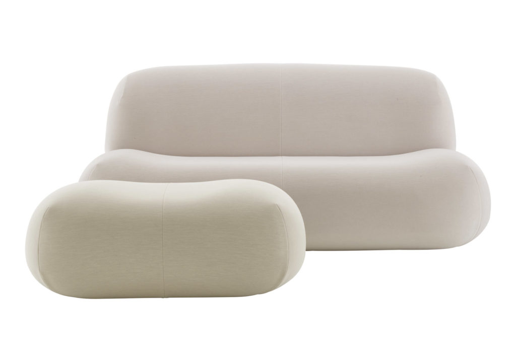 Ligne Roset's Pukka white sofa and ottoman front view