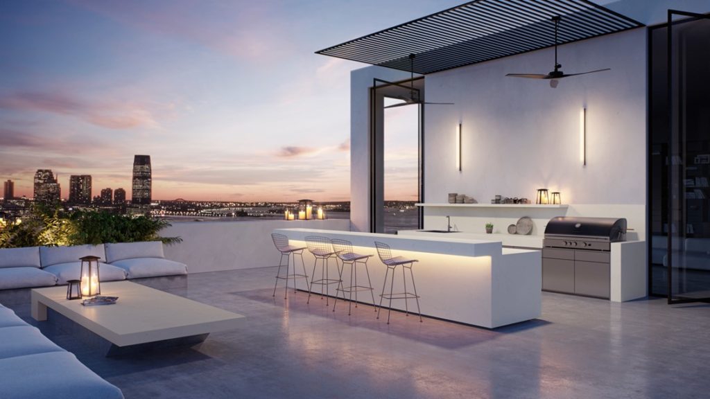 Caesarstone Solaris Collection Palm Shade on patio table and island