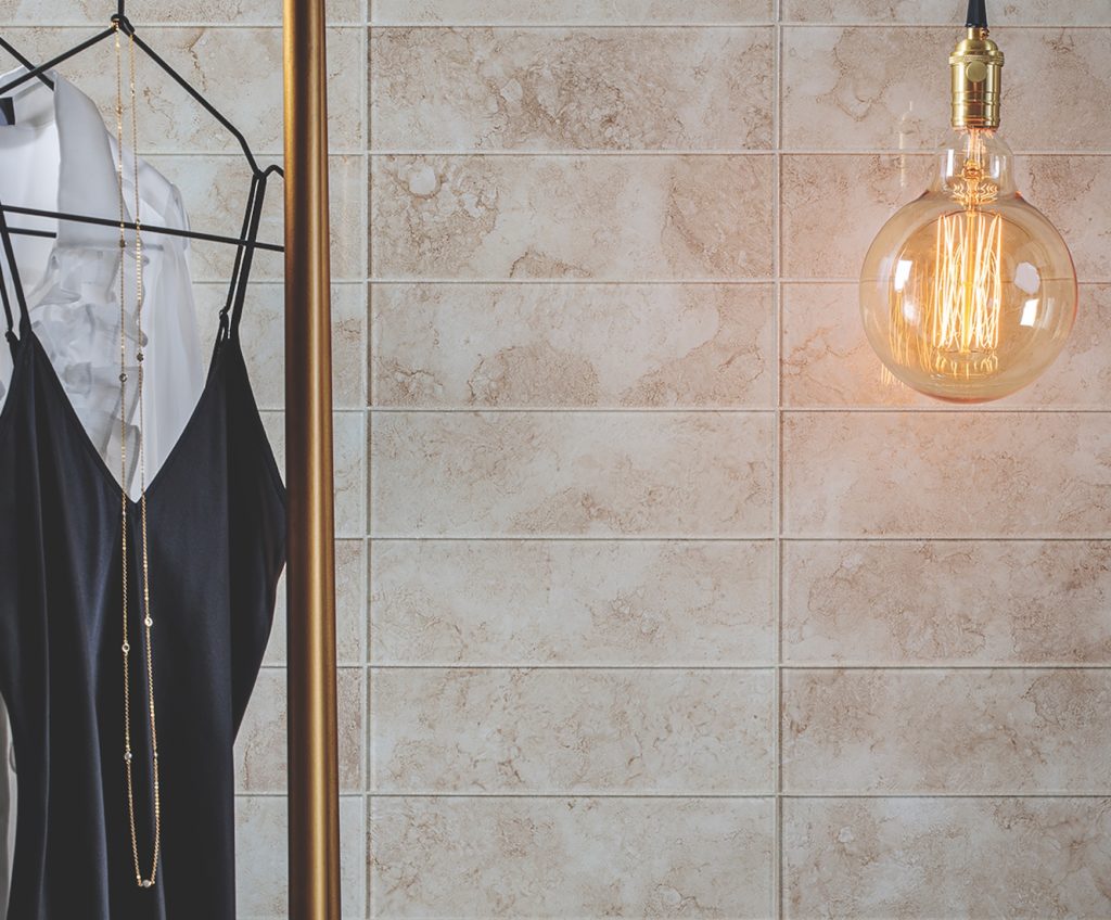 Island Stone Patina Glass Champagne in dressing room 