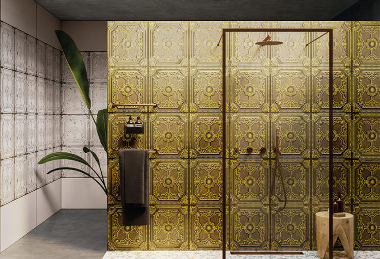Lapicida Tin Panel Ceramic Collection Gold on lobby wall