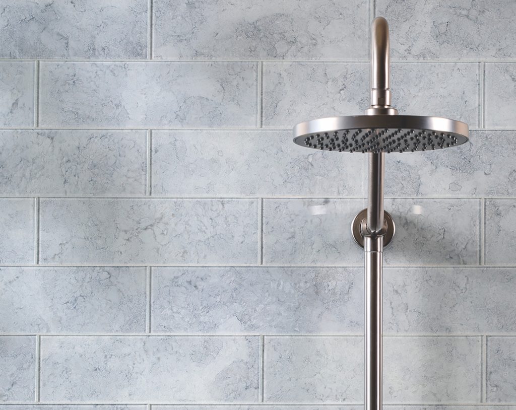 Island Stone Patina Glass Silver Lining in shower