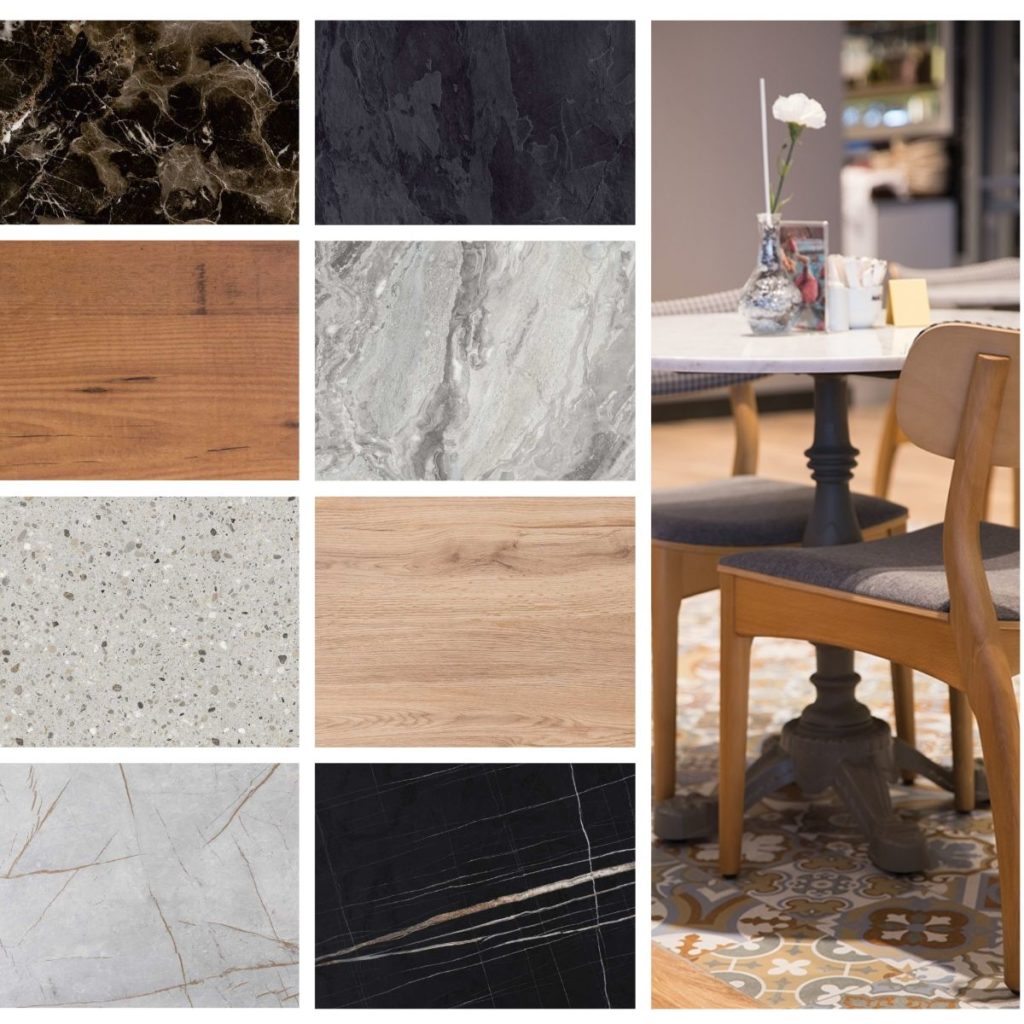 Tabletops by Sandalyeci details of different styles with inset table in white marble