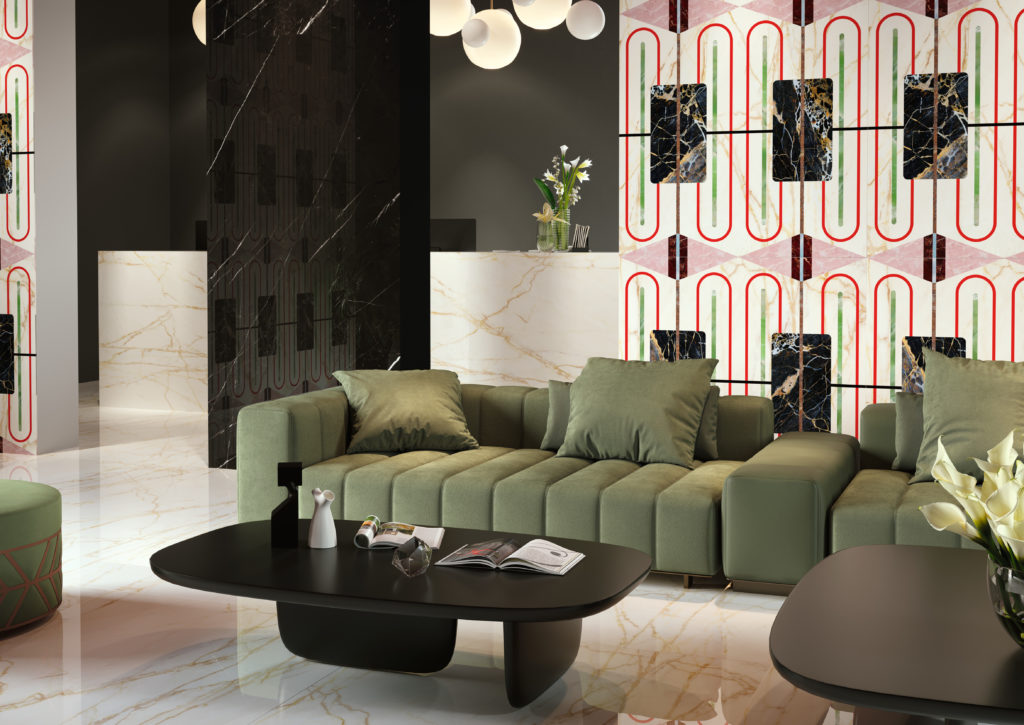 Deco tile dynamic geometrical pattern with red ovals, green lines, and pink trapezoids