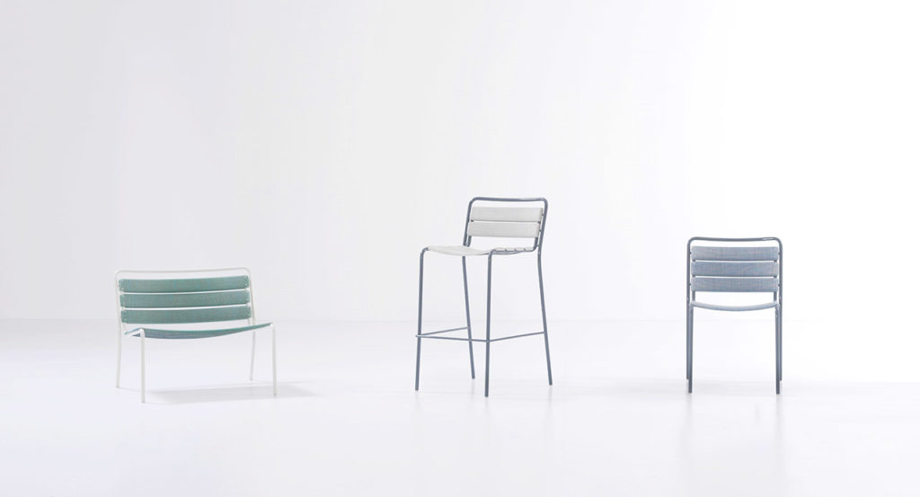 Twiggy and Diade Elba loveseat, stool, and chair