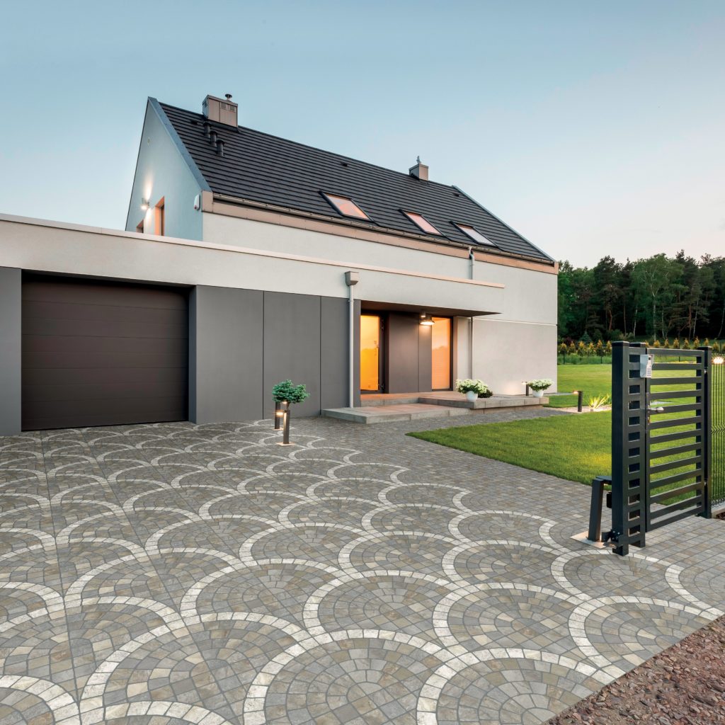 Deco tile outdoor square tiles in scallop configuration gray and white