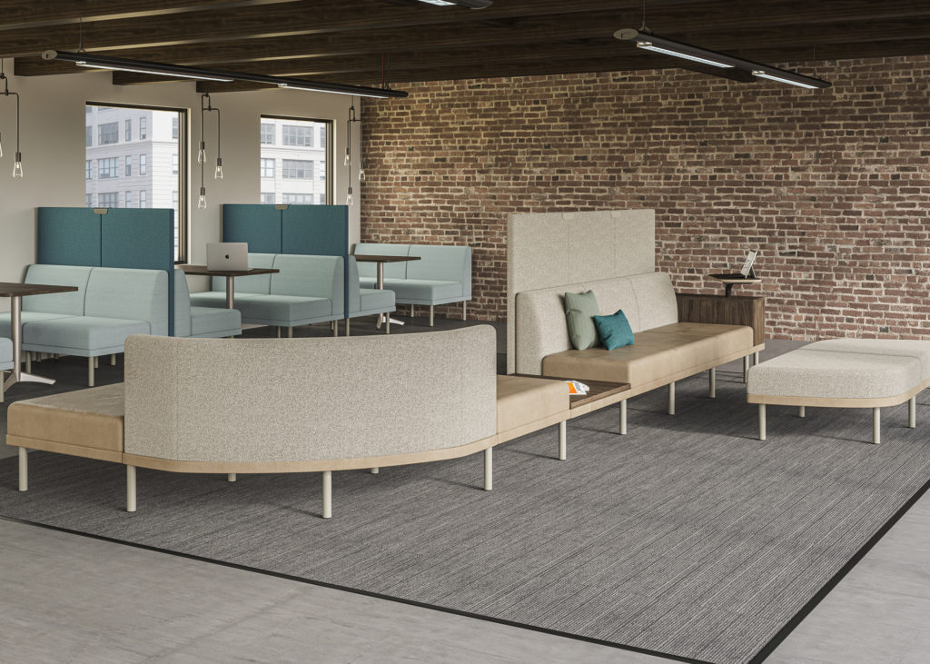 Eklund Lounge curved seating, booths, and ottoman in office