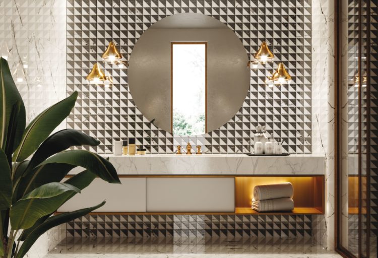 Ceramics of Italy dark and light square tiles above vanity