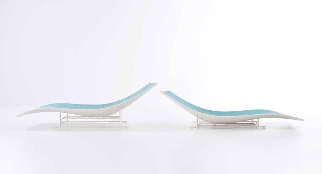 Twiggy and Diade Sun chaise lounge two back to back aqua and white