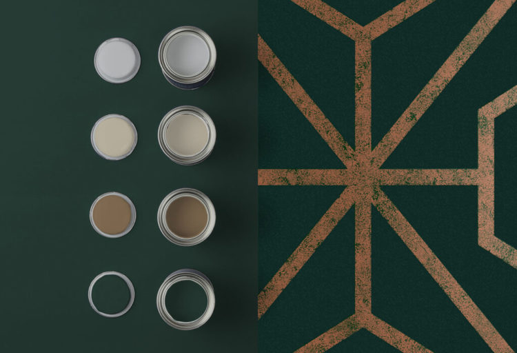 Graham & Brown Wallpaper green/copper with complementary paint samples