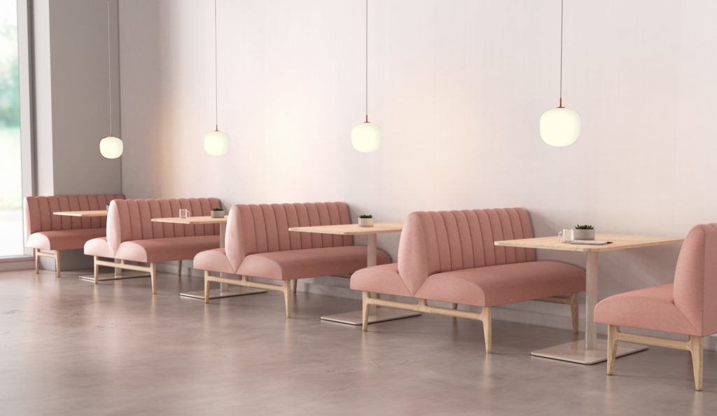 Las Ondas Banquette several back-to-back in restaurant in mauve