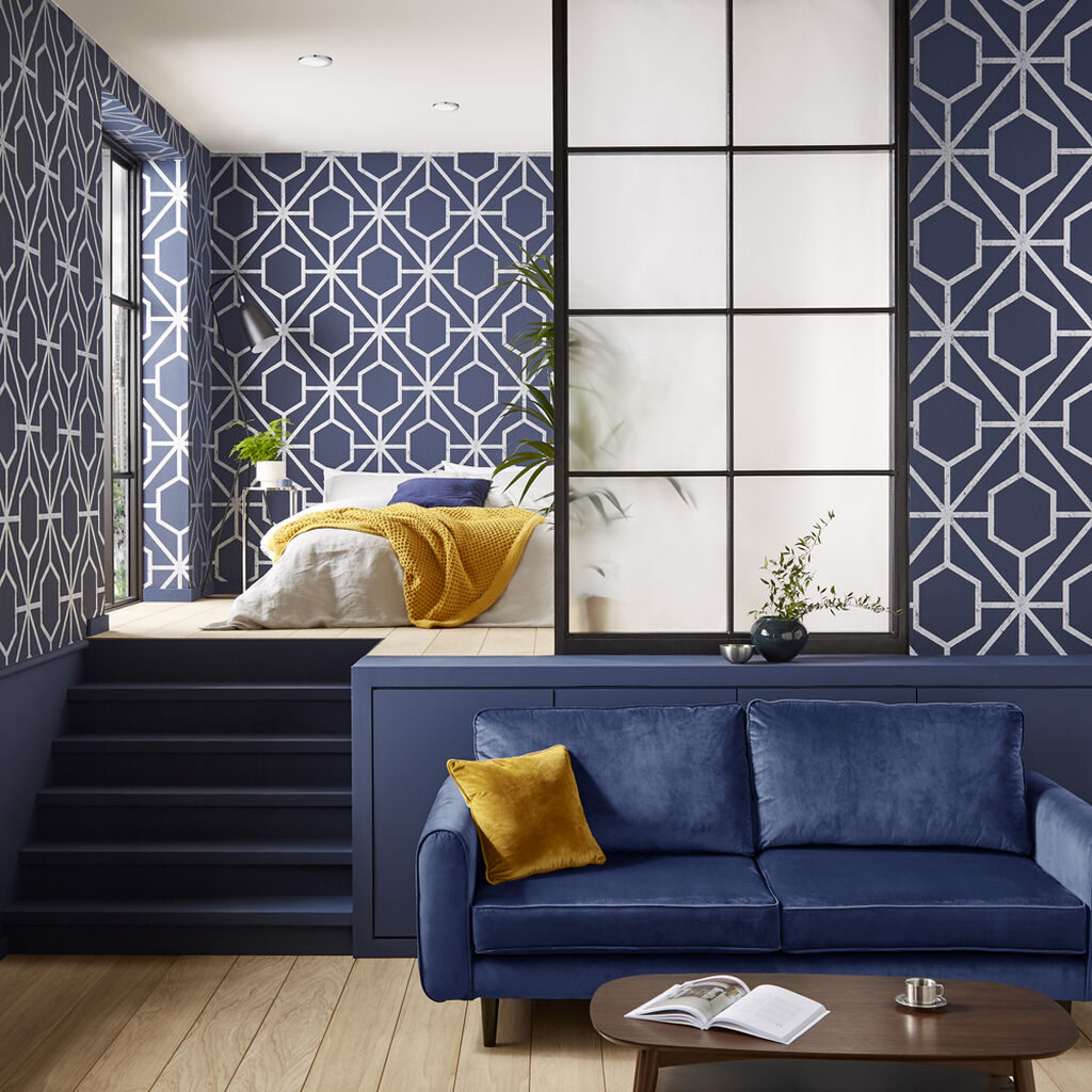 Graham & Brown Wallpaper Navy/Silver in large multi-level bedroom