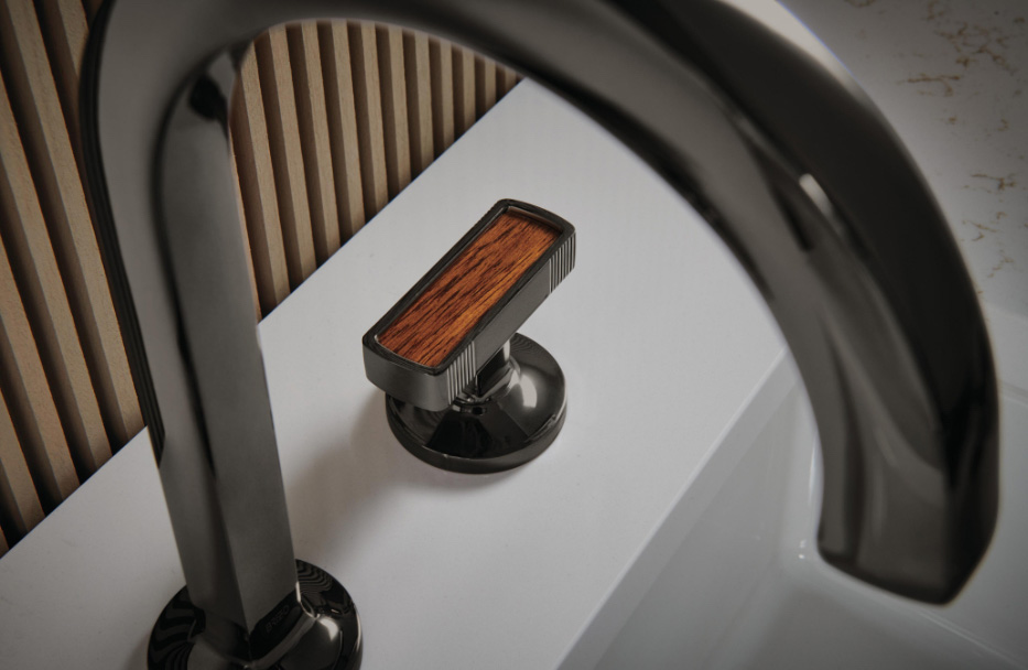 Brizo's Kintsu handle detail black onyx with teak inlay