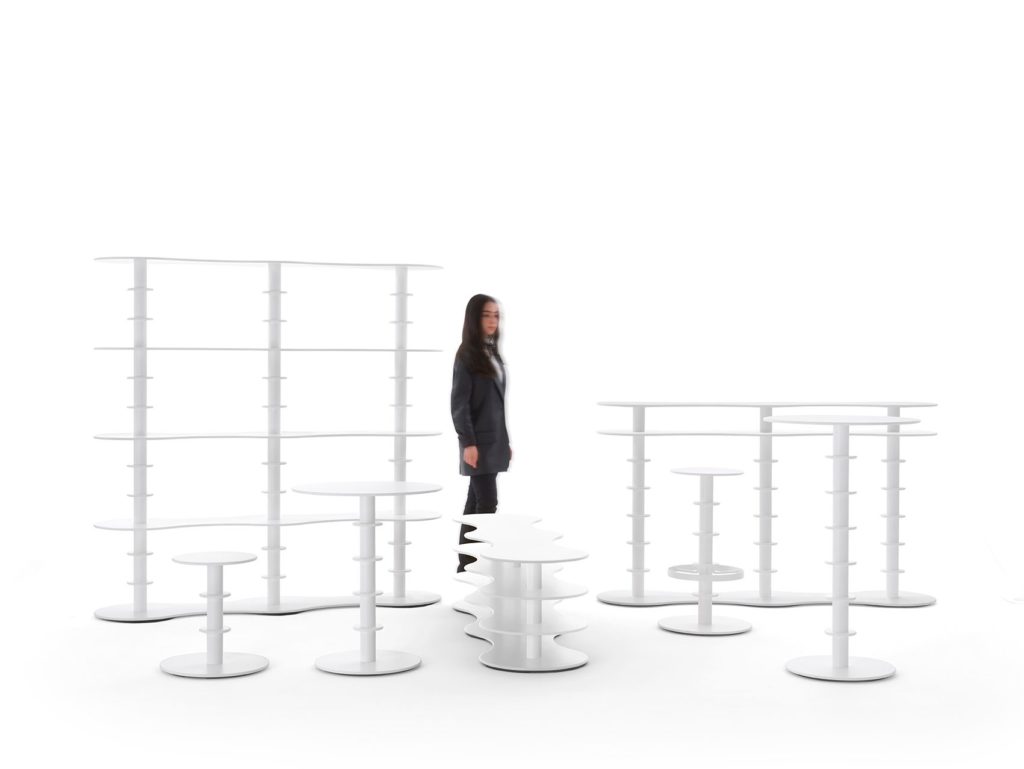 VittEr POP Collection stools, bench, and bookcases in white
