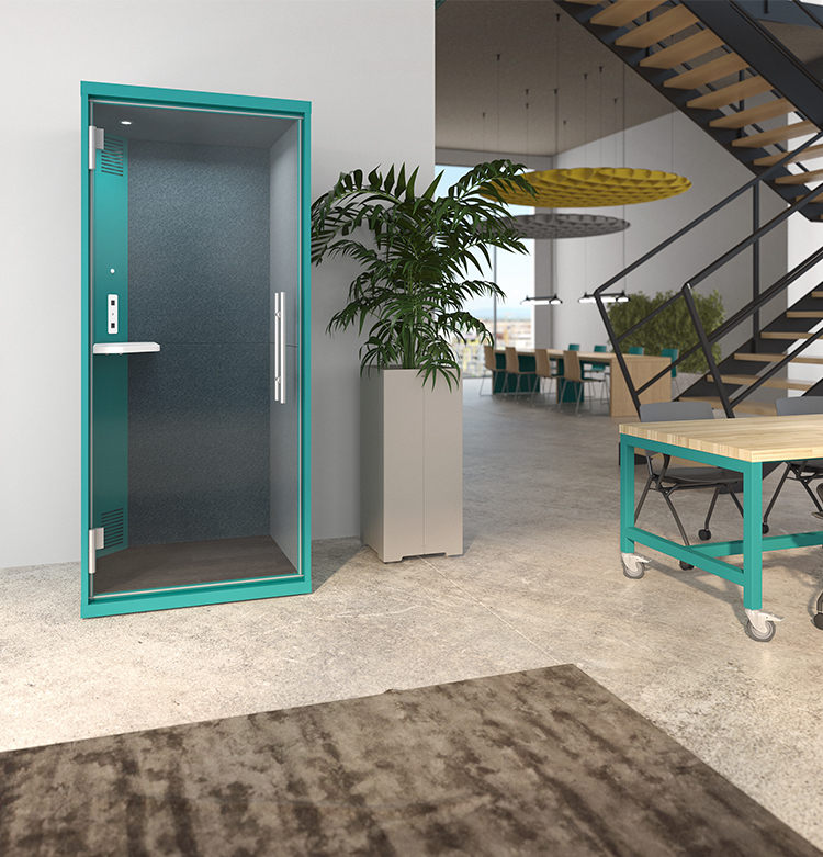 Spec Furniture TalkZone green/blue in office with table nearby