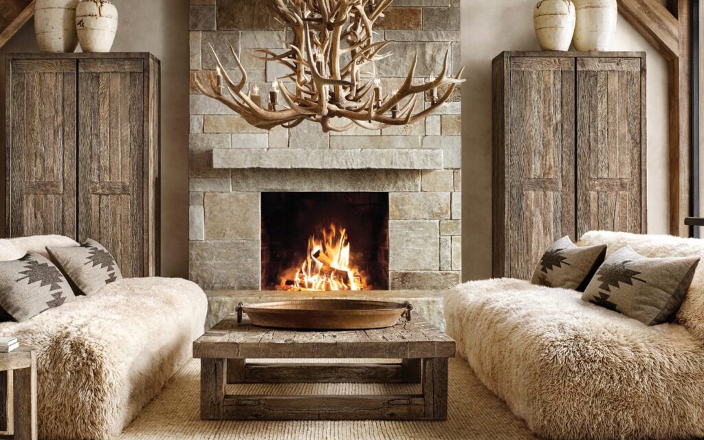 RH Ski House Yeti sofas in living room