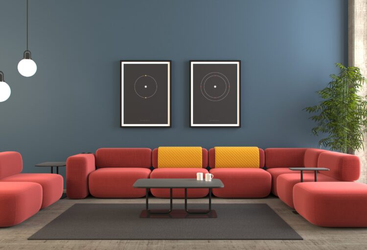 Elements Red with orange in front of blue wall