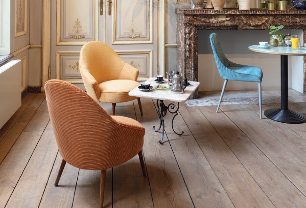 Pure+ Uptown collection three fabrics three chairs in kitchen