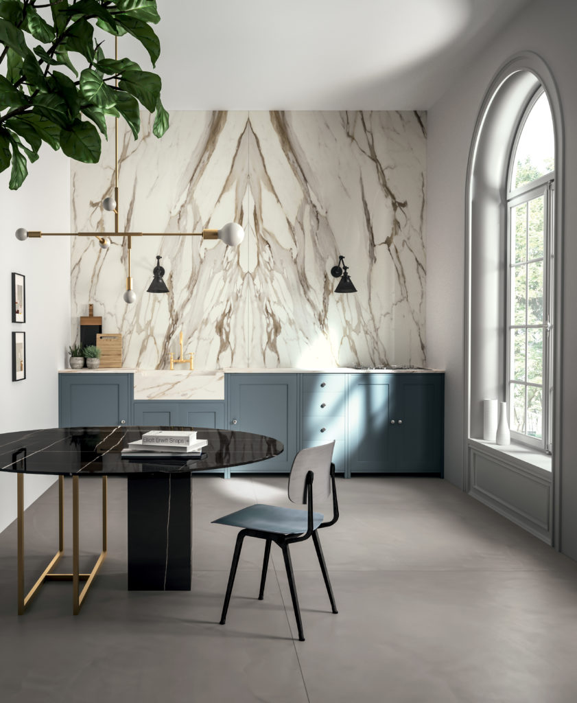 Porcelain Surfaces Secolo on wall above kitchen countertop