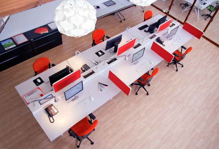 EYHOV Desk System three ganged view from above