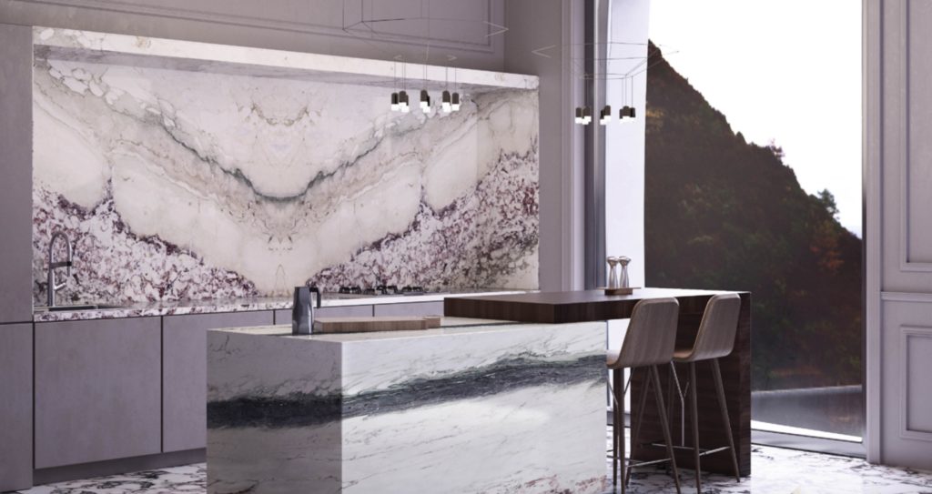 Bookmatched backsplash in kitchen white, purple, grey