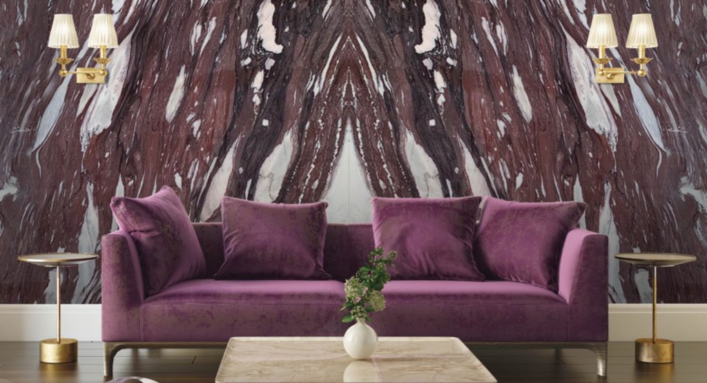 Bookmatched slab in living room violets, purples, and white