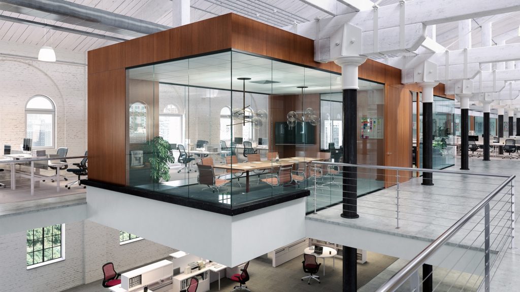 Fimo prehung door with glass partition in warehouse style office space