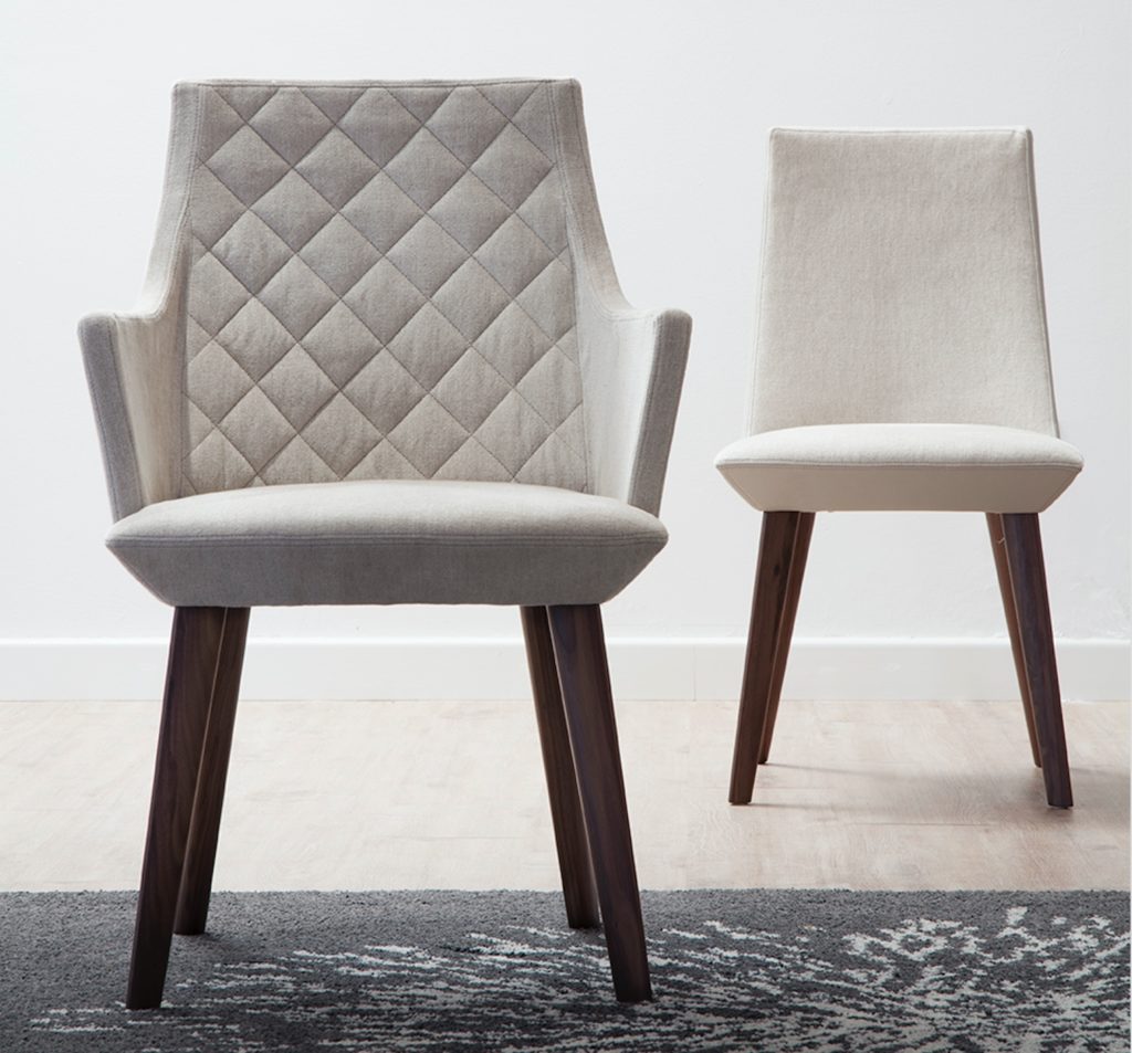 Beret by Sandler Seating two chairs front view one arms one no arms with capitonne detail