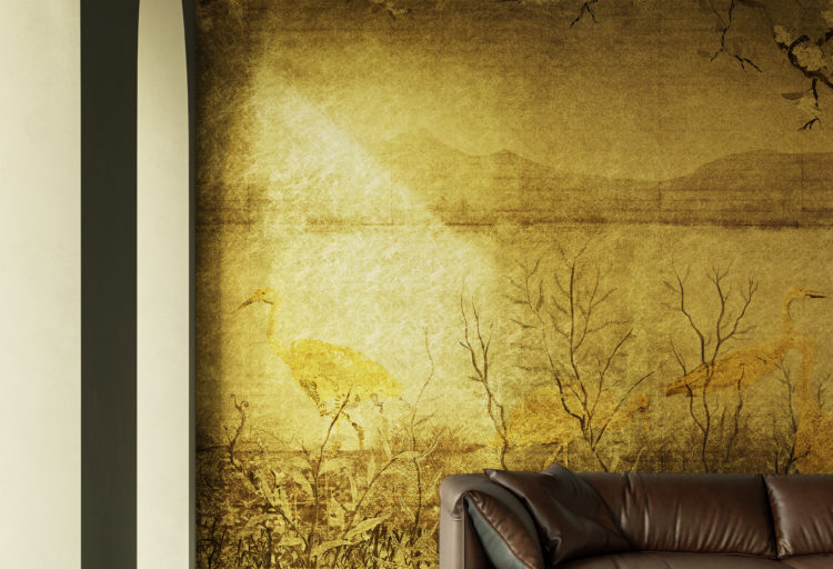WallPepper Metallic gold landscape scene with flamingos and bushes