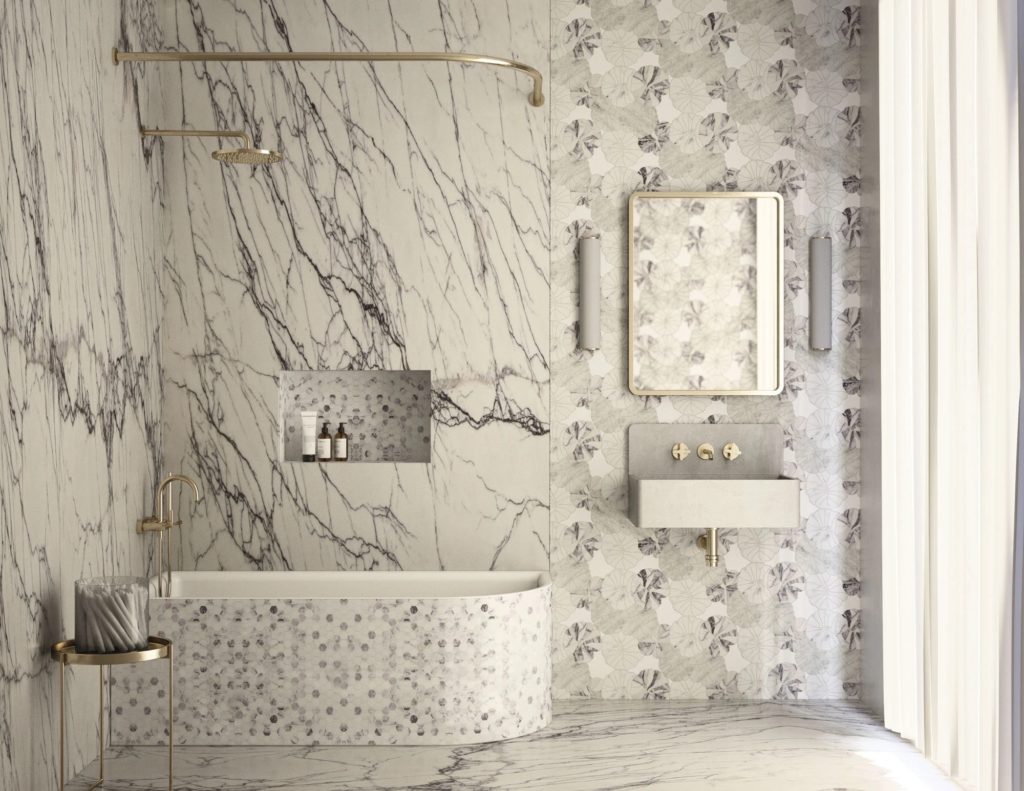Lilac marble Walden, field tile, and honed hexagon