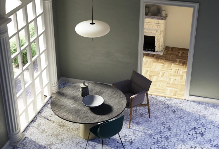 LIlac marble vitruvius mosaic on floor