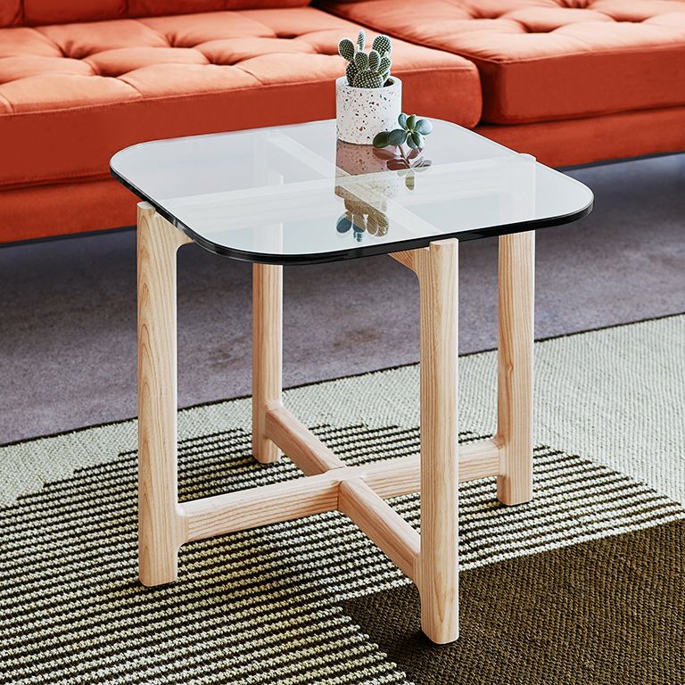Gus* Modern's Quarry End Table smoke and ash near sofa