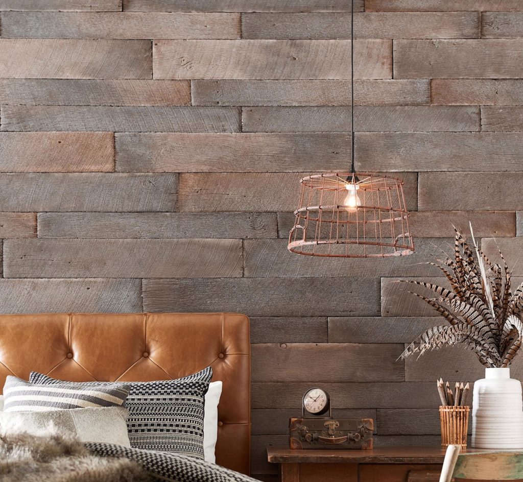 Faux Wood close up weathered plank 4 detail on bedroom wall