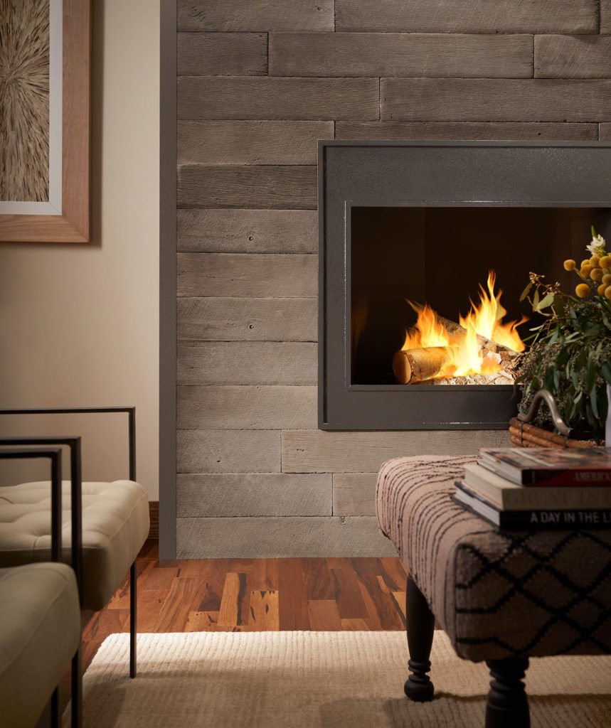 Faux Wood weathered plank 4 surrounding fireplace in living room