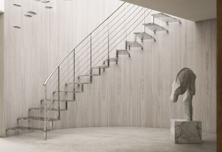 Staircase with glass treads and metal handrail