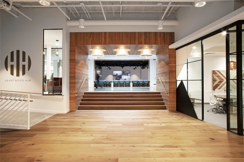 Theater seating at Kimball Headquarters, where they recently were awarded the WELL Health and Safety seal