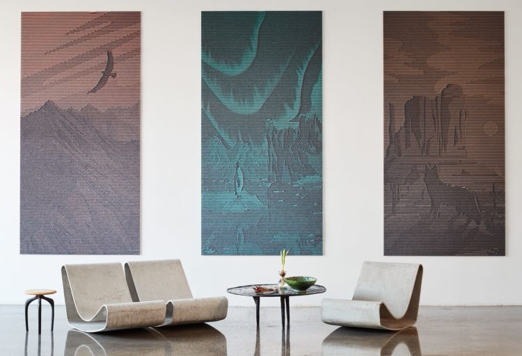 Scanlines acoustical panels three pictures: desert scene, mountain, and penguins in ice cave