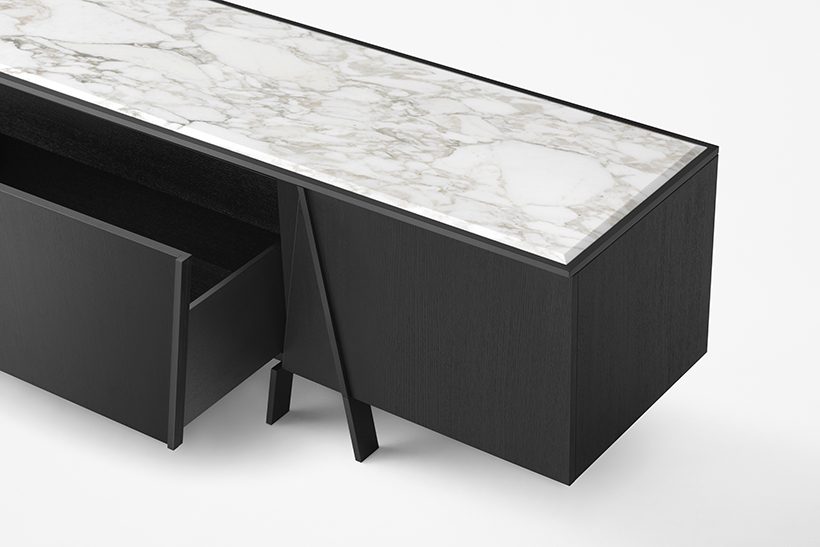 easel sideboard rearview with drawer open and stone surface