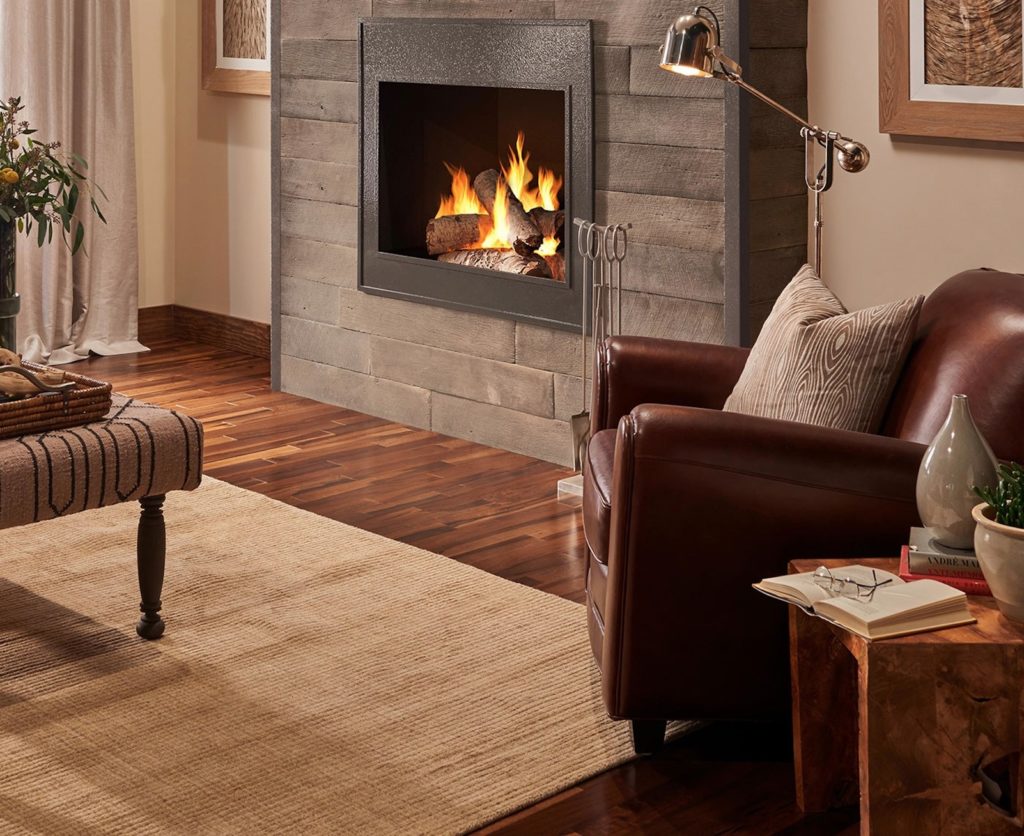 Faux Wood weathered plank 4 surrounding fireplace in living room